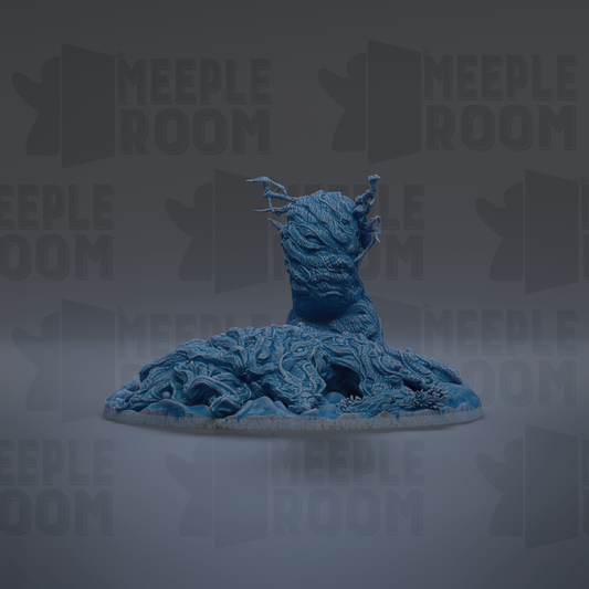 A blue, abstract sculpture resembling a creature or monster, with intricate patterns and textures, set against a dark background with repeated "MEIPLE ROOM" text.