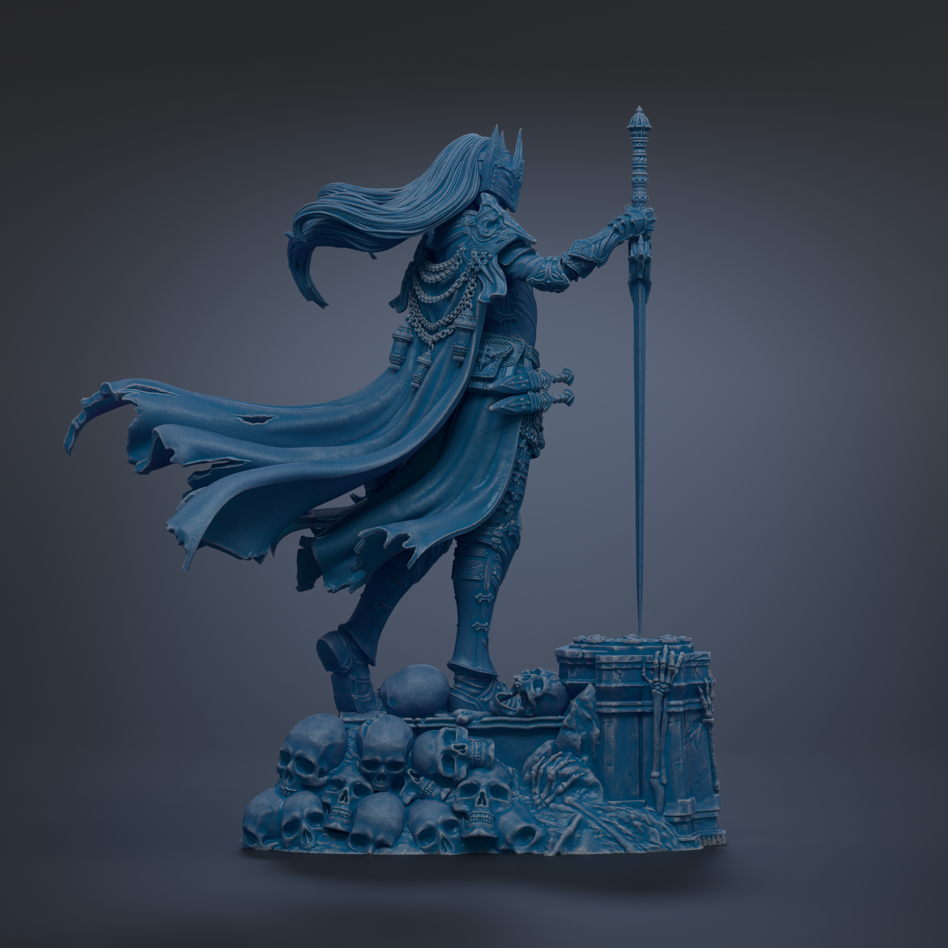A dark blue, 3D-rendered statue of a figure with flowing hair and a crown, holding a sword and standing on a pile of skulls.