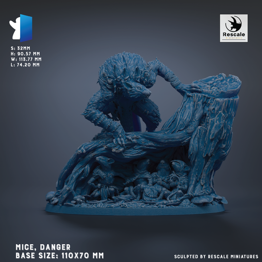 The image is a 3D model of a mouse-like creature, possibly a monster or a dragon, with a textured, blue-colored appearance. The creature is depicted in a crouching or sitting position, with its arms and legs spread out. The base size of the model is 110x70 mm. The image is described as a "base size" and "sculpted by rescale miniatures", indicating that it is a miniature model created by a company called rescale.