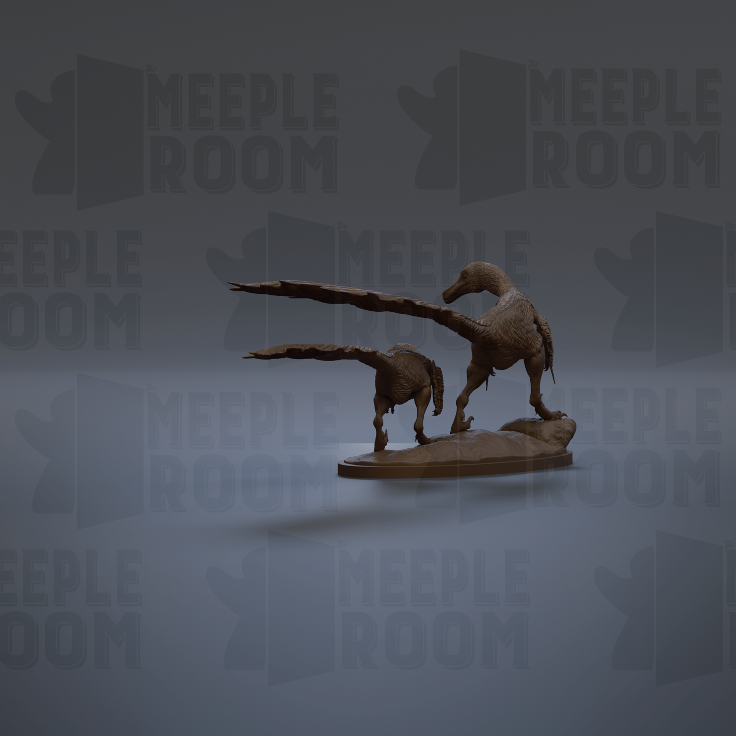 A 3D rendering of a dinosaur statue with long legs and a large head, standing on a rock formation.