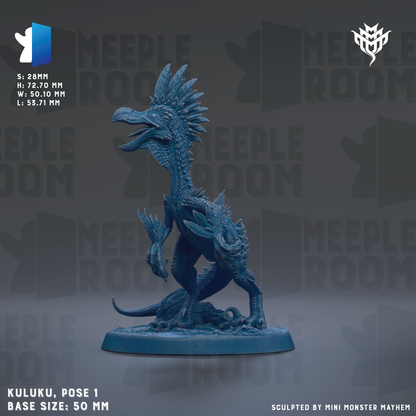 a blue dinosaur figurine, specifically a kuluku, posed on a base. The kuluku is a mythical creature with the body of a dinosaur and the head of a bird. The figurine is shown in a dynamic pose, with its mouth open and claws extended. The image is a single, high-quality photograph of the kuluku, and it does not contain any text or additional objects.