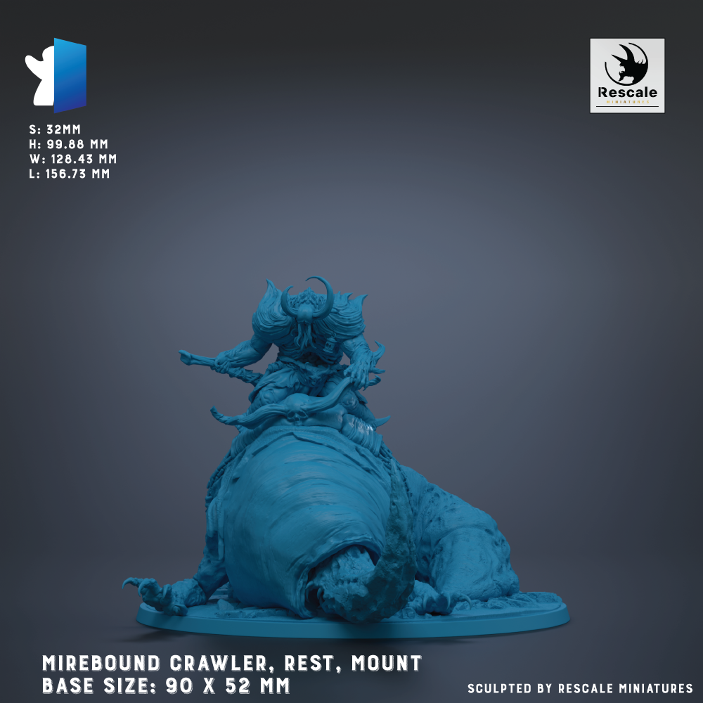 The image is a detailed miniature of a Mirebound Crawler, a type of fantasy creature, with a person riding on its back. The base size is 90 x 52 mm, and the dimensions are 5.72 mm in height and 9.98 mm in width. The sculpture is created by Rescale miniatures.