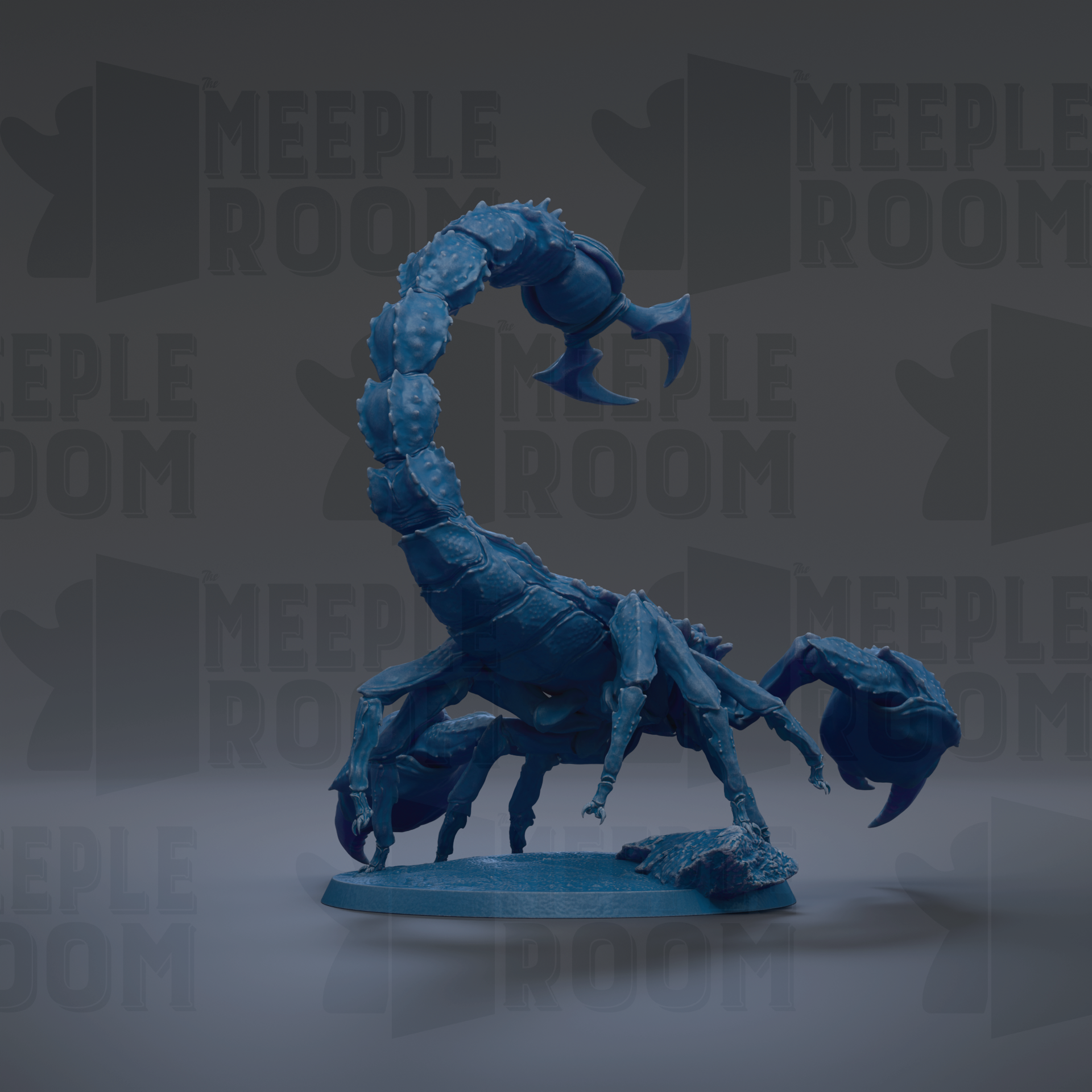 A blue, three-legged spider-like creature with a curled body and sharp fangs, standing on a rock formation.