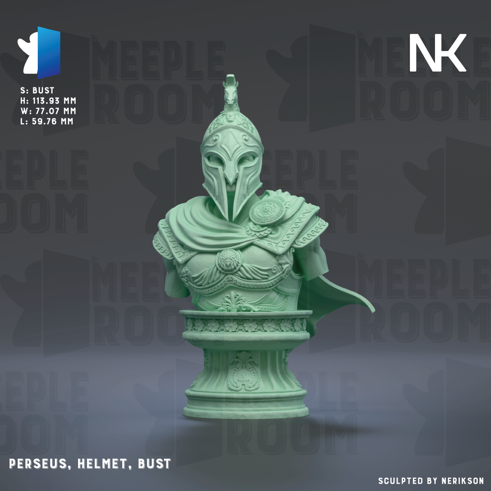 a bust of a helmeted figure, specifically a Greek warrior named Perseus, who is known for his courage and valor. The bust is made of a green material and is displayed against a dark background.