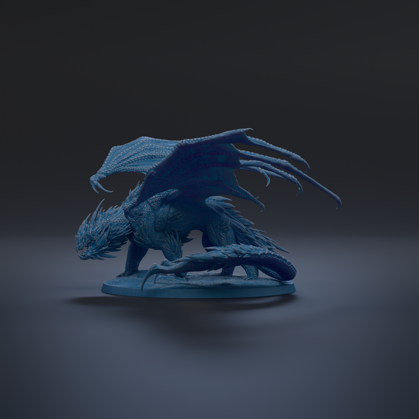 A 3D rendering of a blue dragon-like creature with sharp teeth and claws, standing on a base and facing to the right.