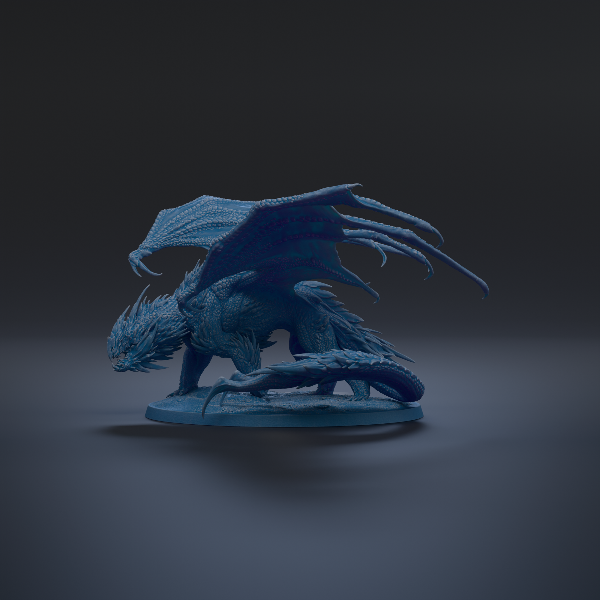 A 3D rendering of a blue dragon-like creature with sharp teeth and claws, standing on a base and facing to the right.
