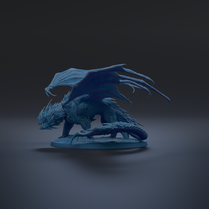 A 3D rendering of a blue dragon-like creature with sharp teeth and claws, standing on a base and facing to the right.