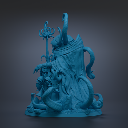 A 3D rendering of a fantastical, blue-colored creature with intricate, organic-looking features, including a large head, long neck, and curled, twisted body.