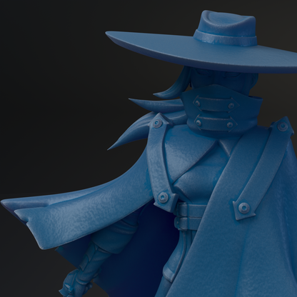 A close-up of a blue, detailed statue of a person wearing a hat and a cape-like garment.