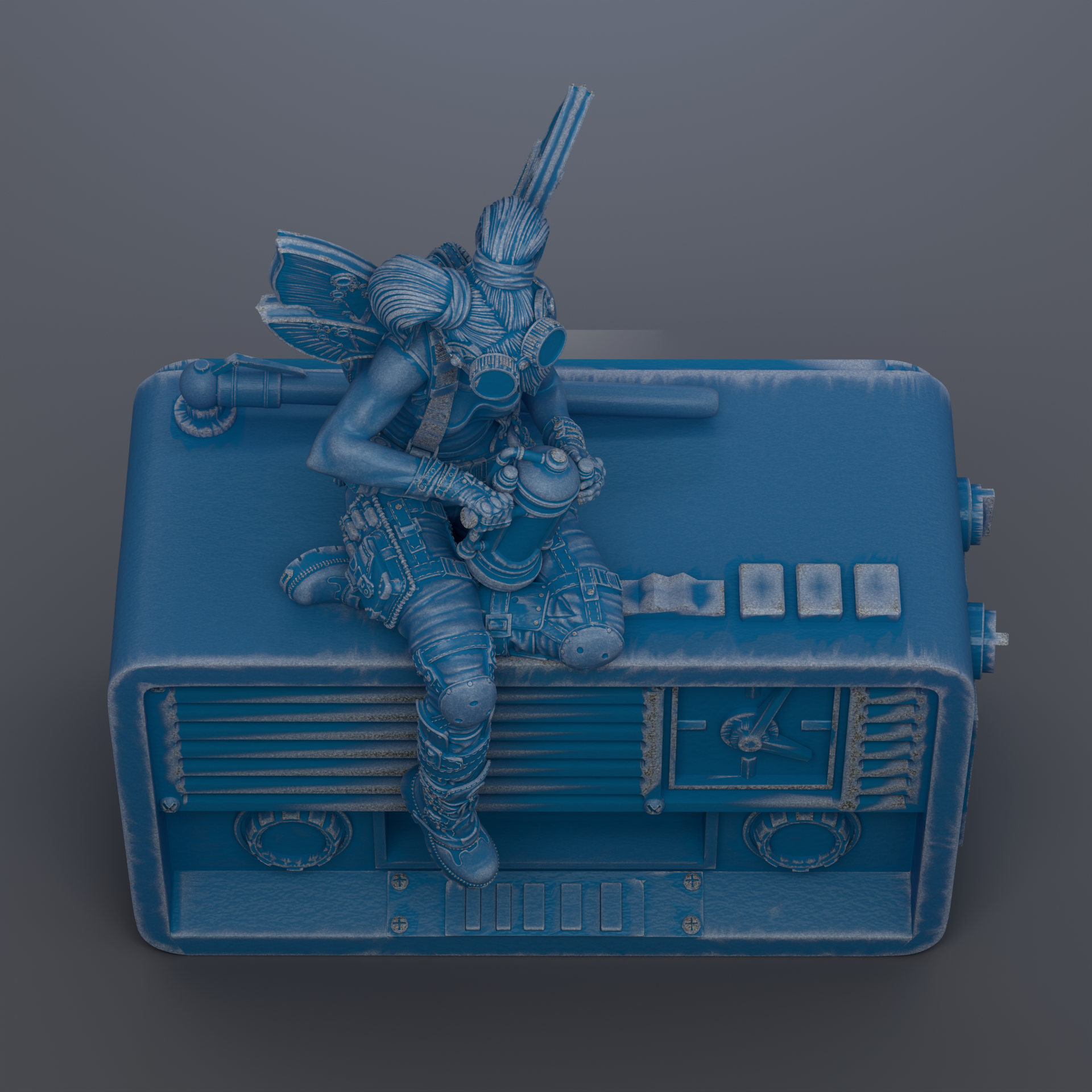 A 3D rendering of a blue radio with a figure sitting on top of it.
