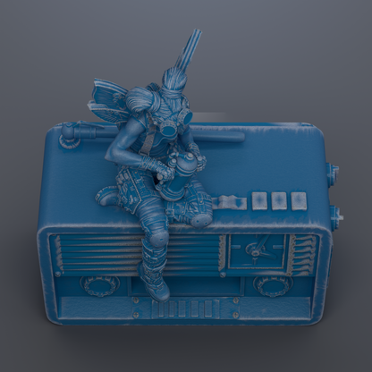 A 3D rendering of a blue radio with a figure sitting on top of it.