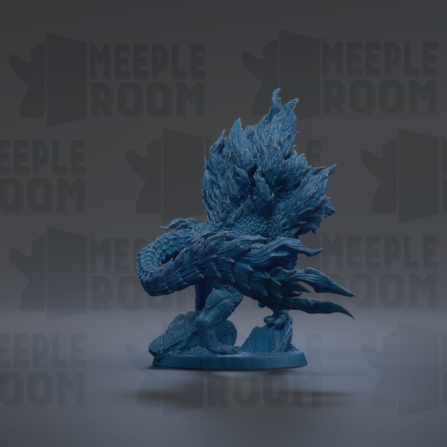 A blue, fantastical creature resembling a dragon or serpent, with intricate details and flowing, flame-like patterns, is the central focus of the image.