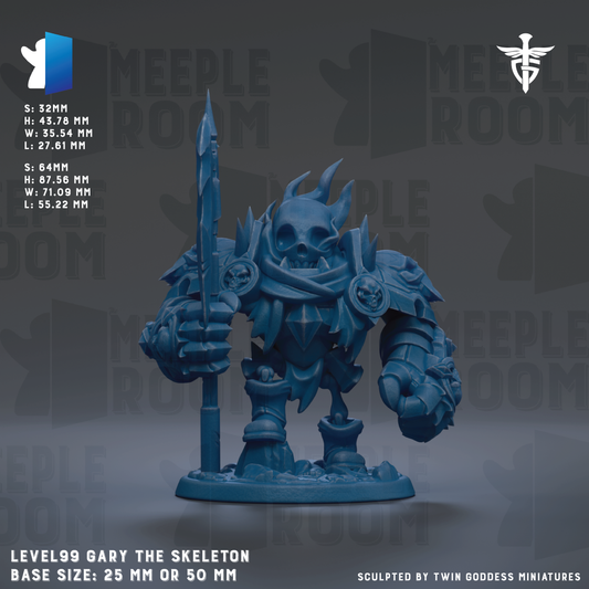 a detailed figurine of a skeleton-like character, likely a warrior or knight, standing in a fighting stance with a sword in hand. The figurine is in a blue color and appears to be made of a material that resembles metal or plastic. The image is described as a "Level99 Gary the Skeleton" and is shown in a base size of 25mm or 50mm. The figurine is sculpted by "Twin goddesses" and is presented against a dark background with the text "MEELPLE ROOM" repeated multiple times.