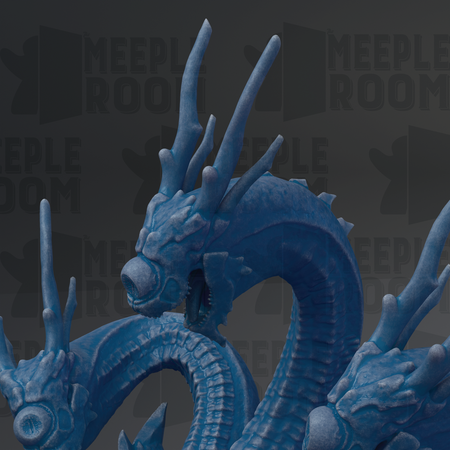 A close-up view of a blue, fantastical creature resembling a dragon or serpent, with sharp teeth and long, curved horns. The creature appears to be made of a material that resembles stone or metal, giving it a metallic or metallic-like appearance. The background is dark, which contrasts with the blue color of the creature and makes it stand out prominently.