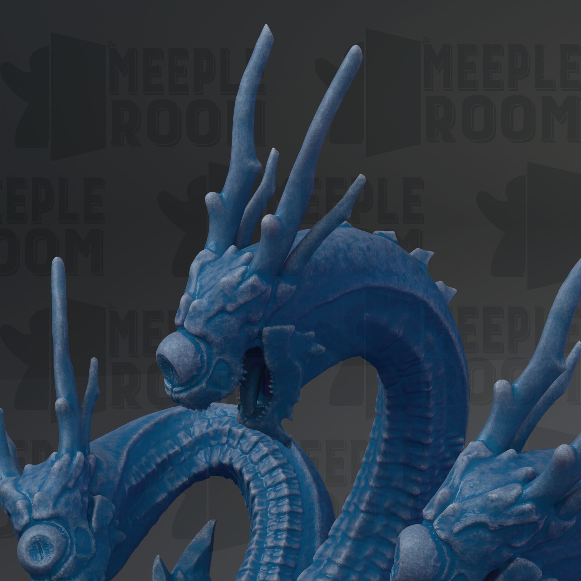 A close-up view of a blue, fantastical creature resembling a dragon or serpent, with sharp teeth and long, curved horns. The creature appears to be made of a material that resembles stone or metal, giving it a metallic or metallic-like appearance. The background is dark, which contrasts with the blue color of the creature and makes it stand out prominently.