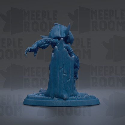 A blue figurine of a character with horns and a long neck, standing on a base and facing away from the camera.