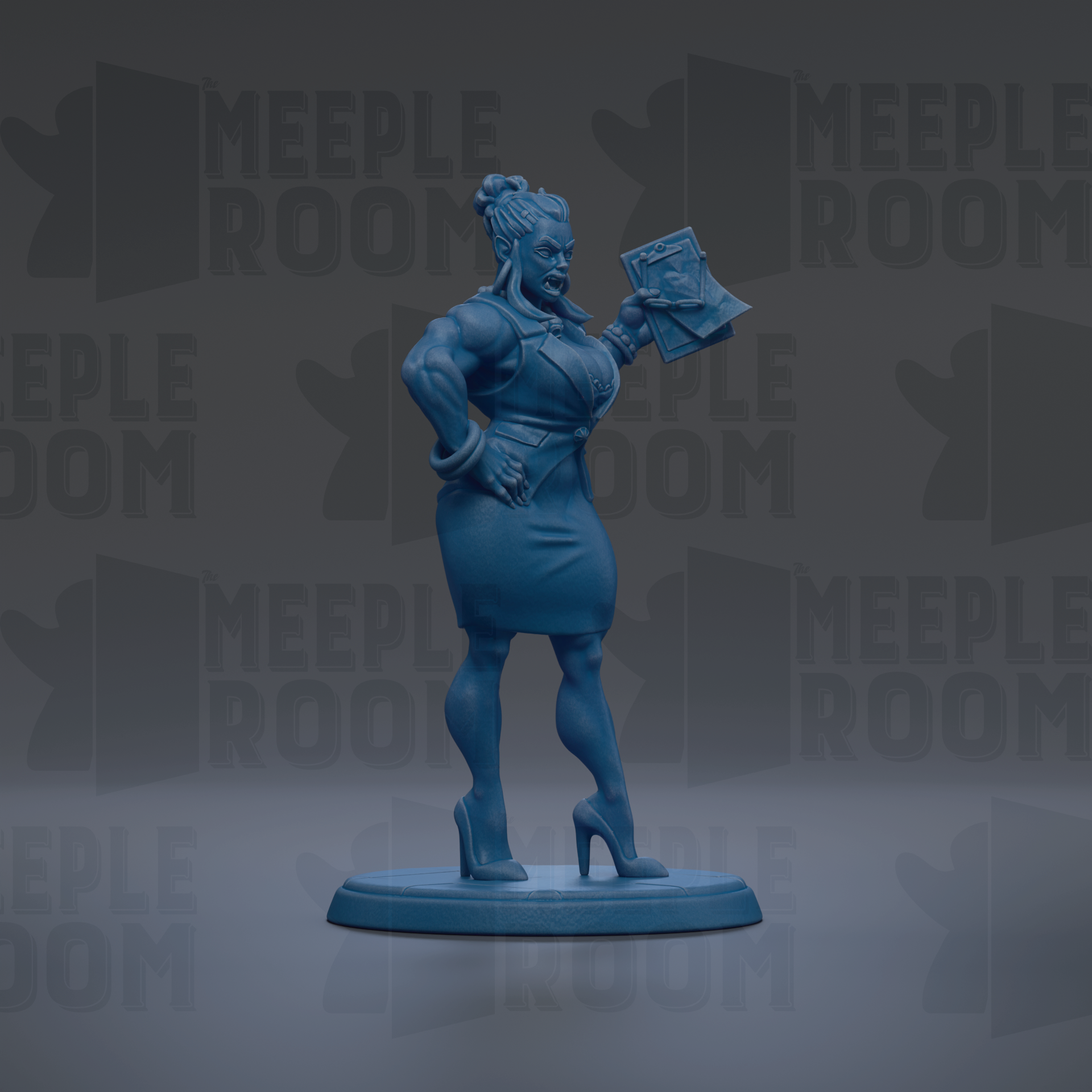 A blue figurine of a woman holding a book stands on a blue base against a dark background with repeated text.