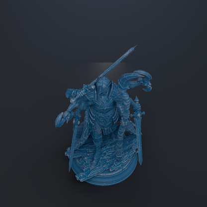 A 3D rendering of a blue armored figure holding a sword and shield, standing on a platform against a dark background.