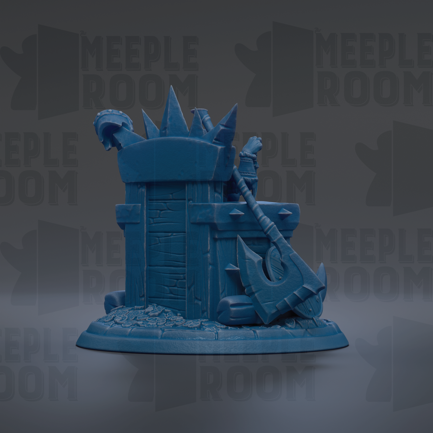 A blue, 3D-rendered miniature model of a structure, possibly a castle or fortress, with various weapons and armor pieces attached to it.