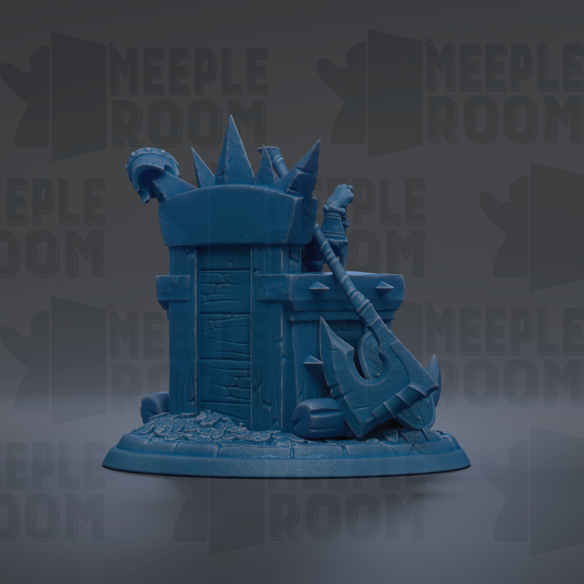 A blue, 3D-rendered miniature model of a structure, possibly a castle or fortress, with various weapons and armor pieces attached to it.