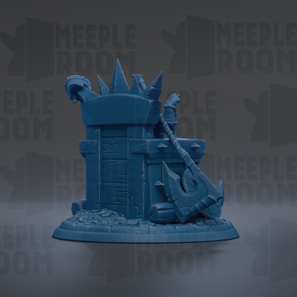 A blue, 3D-rendered miniature model of a structure, possibly a castle or fortress, with various weapons and armor pieces attached to it.