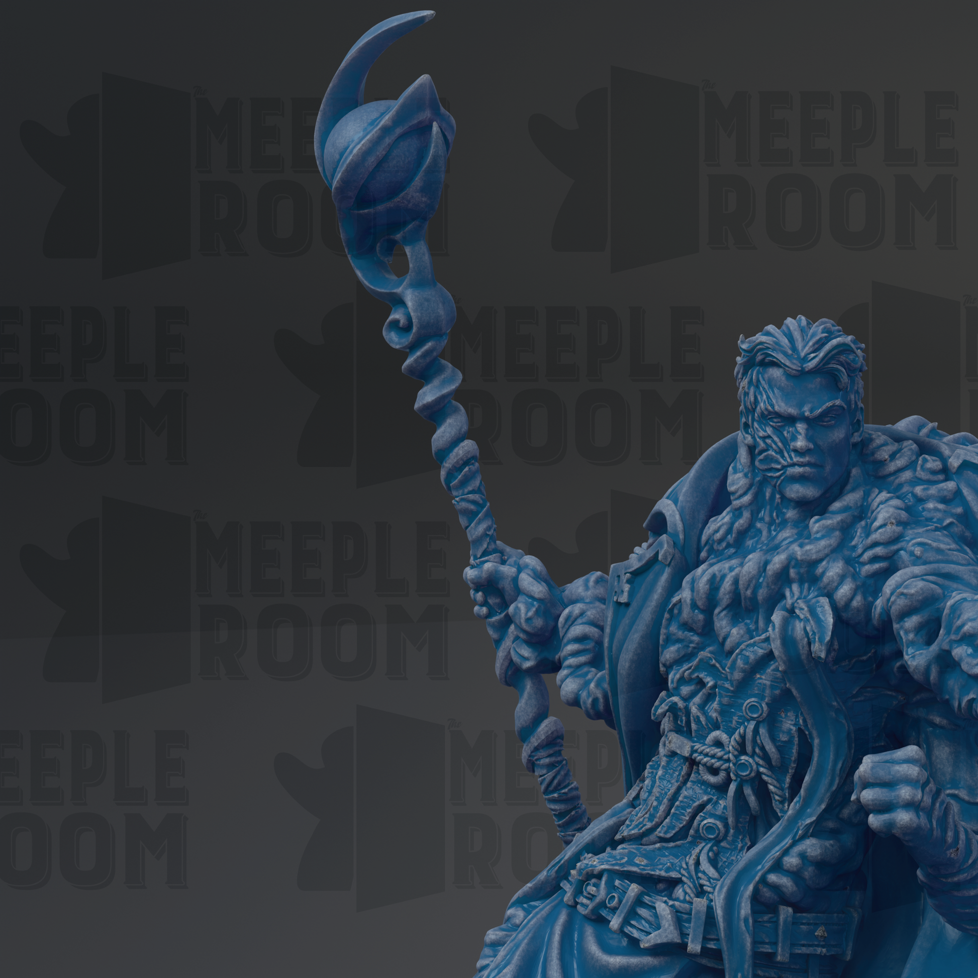 A detailed 3D rendering of a blue, fantastical figure holding a staff with a crescent moon on top, set against a dark background with repeated text.