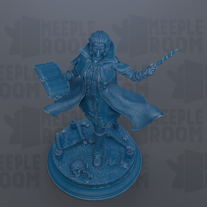 A 3D rendering of a character holding a book and a staff, standing on a base with various objects and symbols around them.