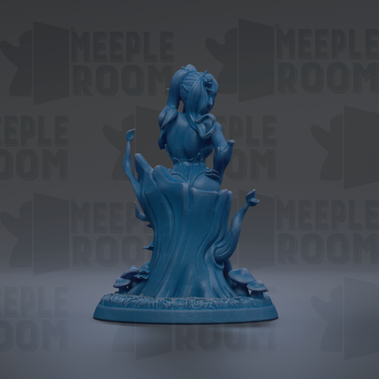A blue figurine of a woman sitting on a tree stump, surrounded by mushrooms, against a dark background with repeated text.