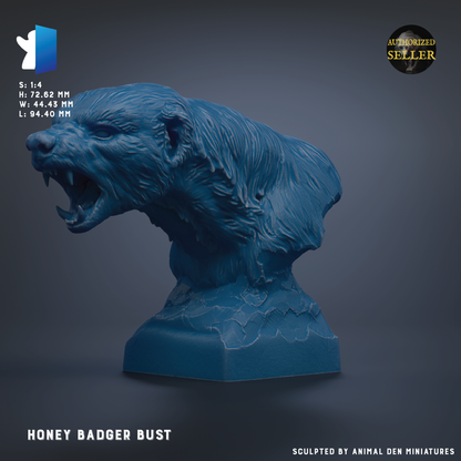 The image is a 3D rendering of a blue sculpture of a badger bust, with the text "Honey Badger Bust" and "Sculpted by Animal Den miniatures" below it.
