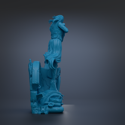 A 3D rendering of a blue statue of a person standing on a platform, with a dark background.