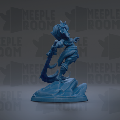 A blue figurine of a character with horns and a sword, standing on a rock formation against a dark background with repeated text.