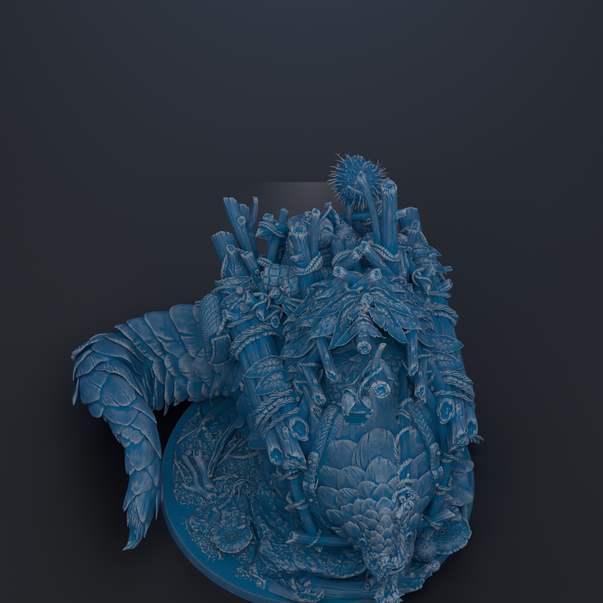 A detailed 3D rendering of a fantastical creature, possibly a dragon or serpent, with intricate patterns and textures. The creature appears to be made of a material that resembles stone or metal, giving it a metallic or metallic-like appearance. The image is set against a dark background, which emphasizes the colors and textures of the creature.