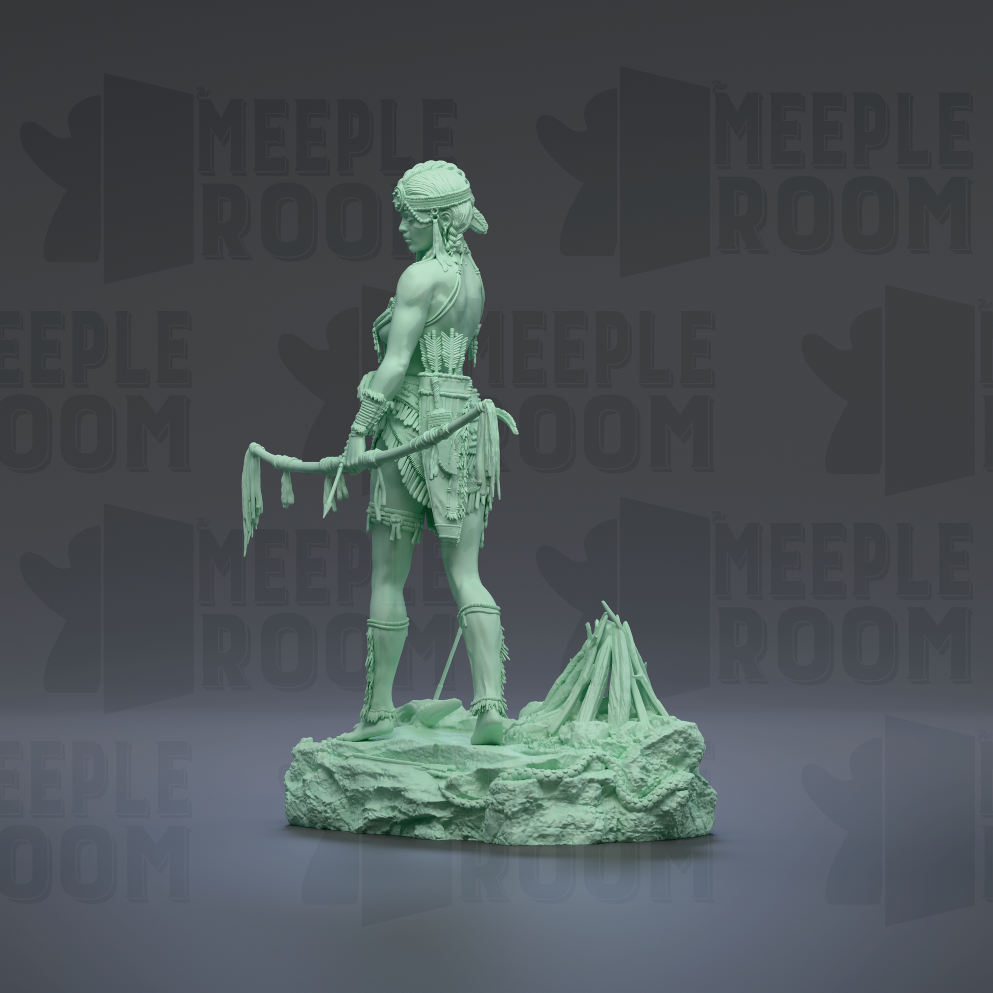 A green statue of a person standing on a rock, holding a spear and a bundle of sticks, against a dark background with repeated text.