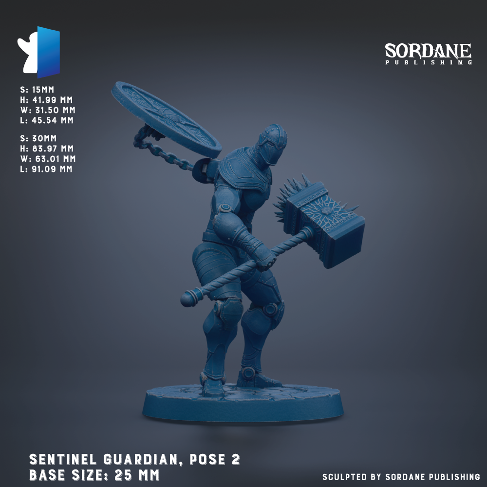 The image is a 3D rendering of a blue armored figure holding a large weapon, likely a mace or sword, with the figure standing on a base. The figure appears to be a character from a video game or other digital media.