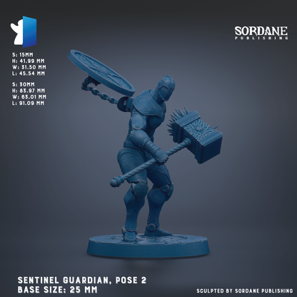 The image is a 3D rendering of a blue armored figure holding a large weapon, likely a mace or sword, with the figure standing on a base. The figure appears to be a character from a video game or other digital media.