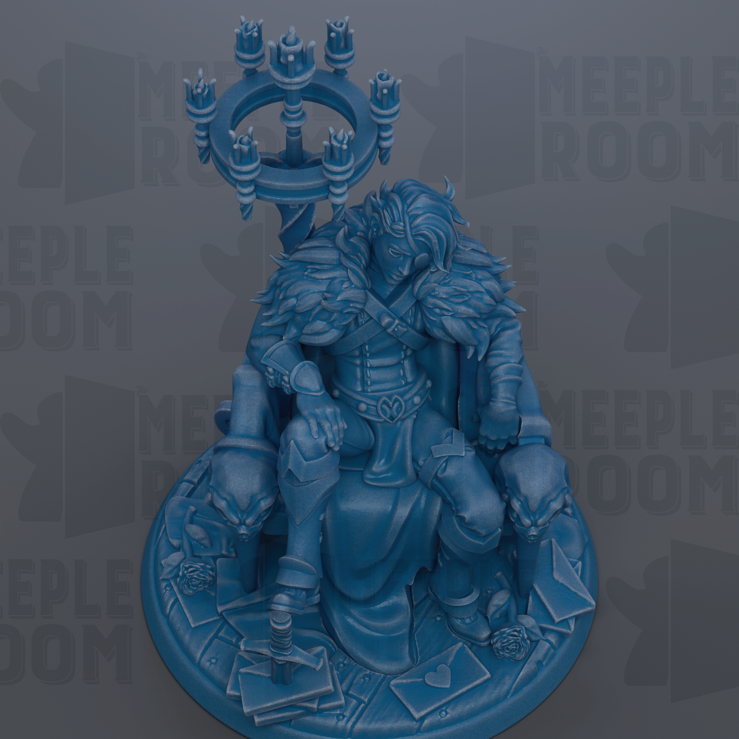 A blue statue of a person sitting on a throne, with a chandelier above them.