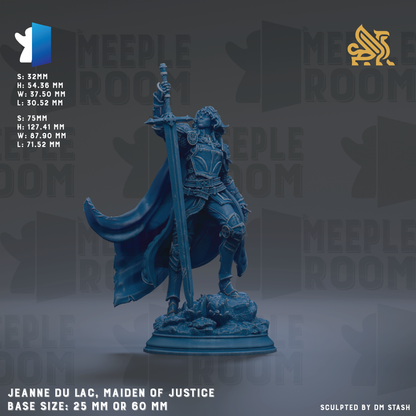 a statue of a woman holding a sword and a shield, standing on a pedestal. The statue is described as "Jeanne Du Lac, Maiden of Justice" and is shown in a base size of 25mm or 60mm. The background of the image is a dark gray color with the word "MEIPLLE ROOM" repeated multiple times.