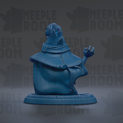 A blue figurine of a person with a pointed hat and a flowing robe, standing on a pedestal against a dark background with repeated text.