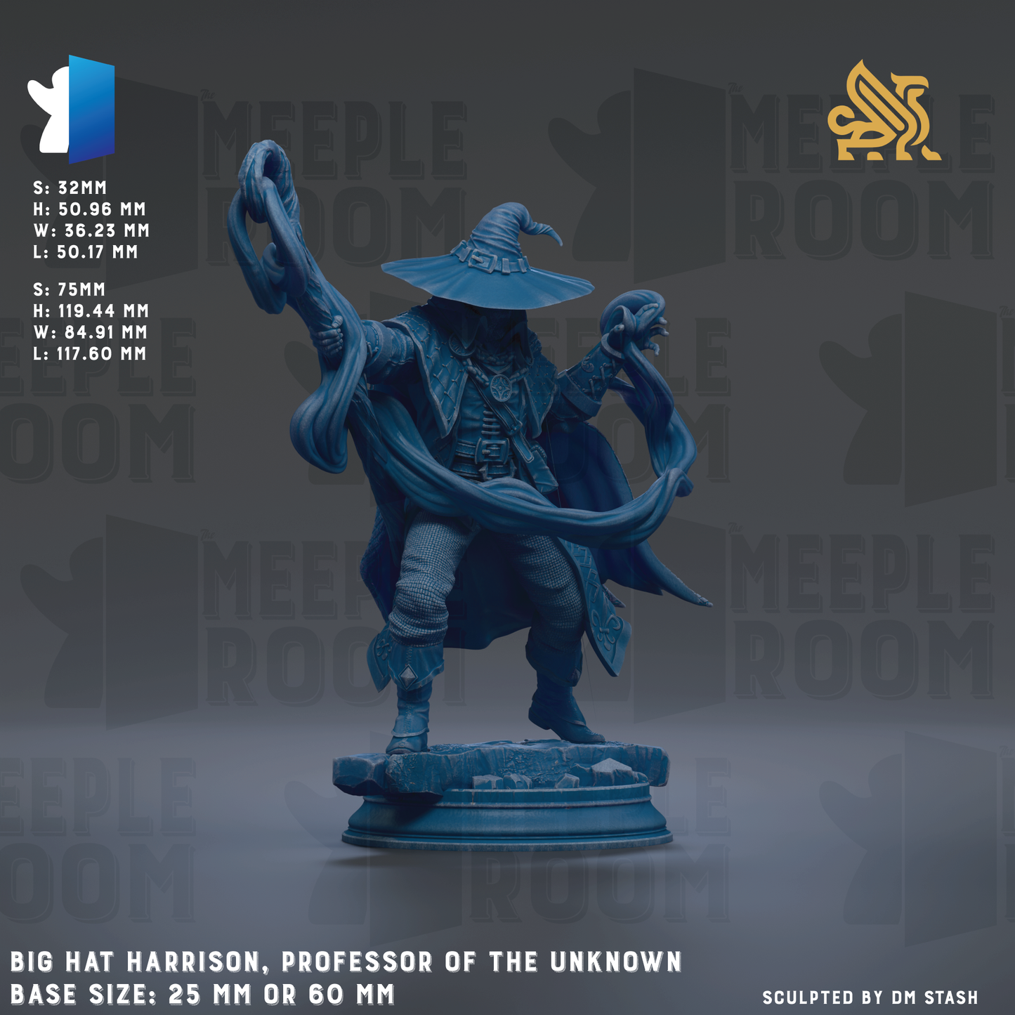 The image is a 3D rendering of a statue of a wizard or professor, with the text "Big Hat Harrison, Professor of the Unknown" and "Base sizes: 28 mm or 60 mm" provided.