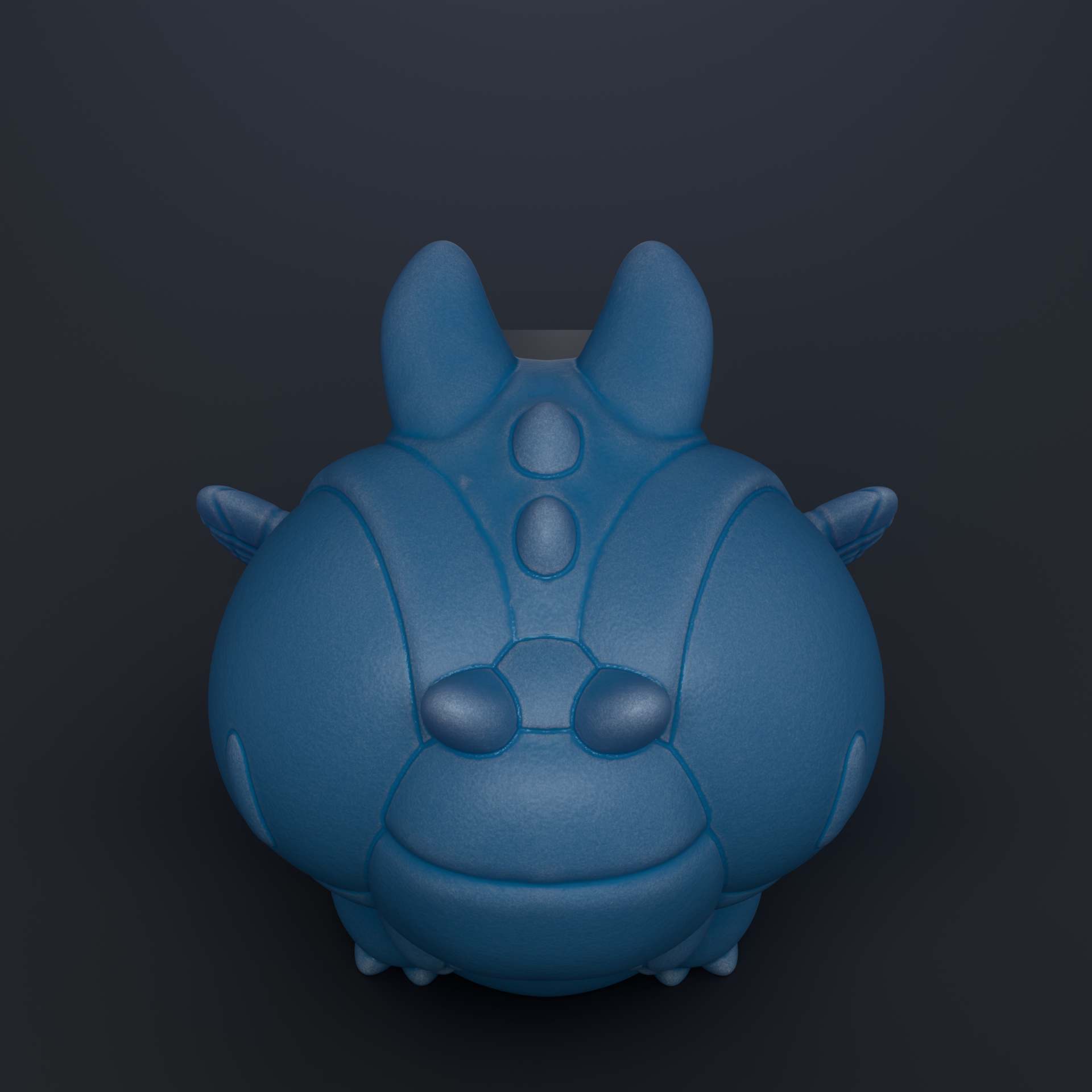 A blue, cartoon-like creature with a large head and small body is shown against a dark background.