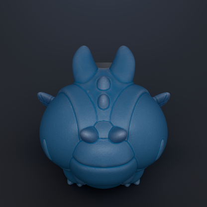 A blue, cartoon-like creature with a large head and small body is shown against a dark background.