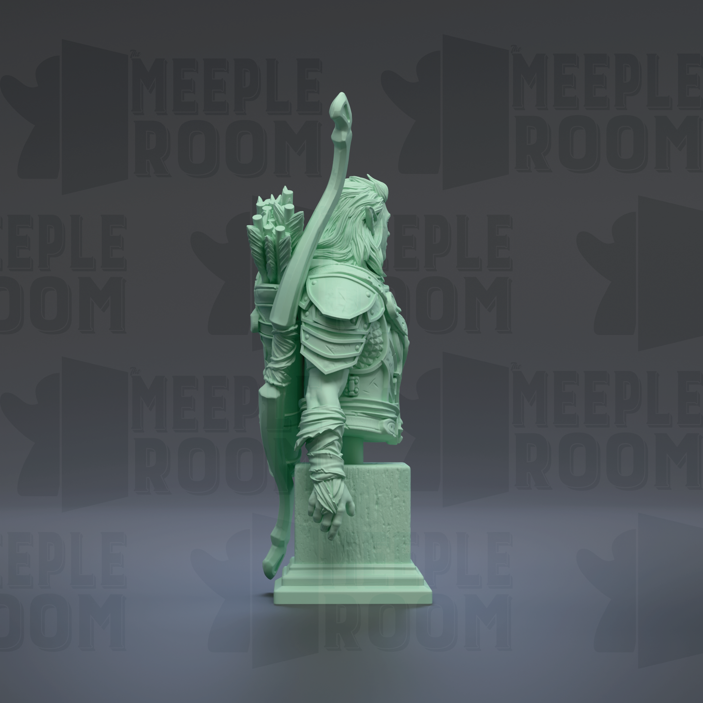 A green statue of a person standing on a pedestal against a dark background.
