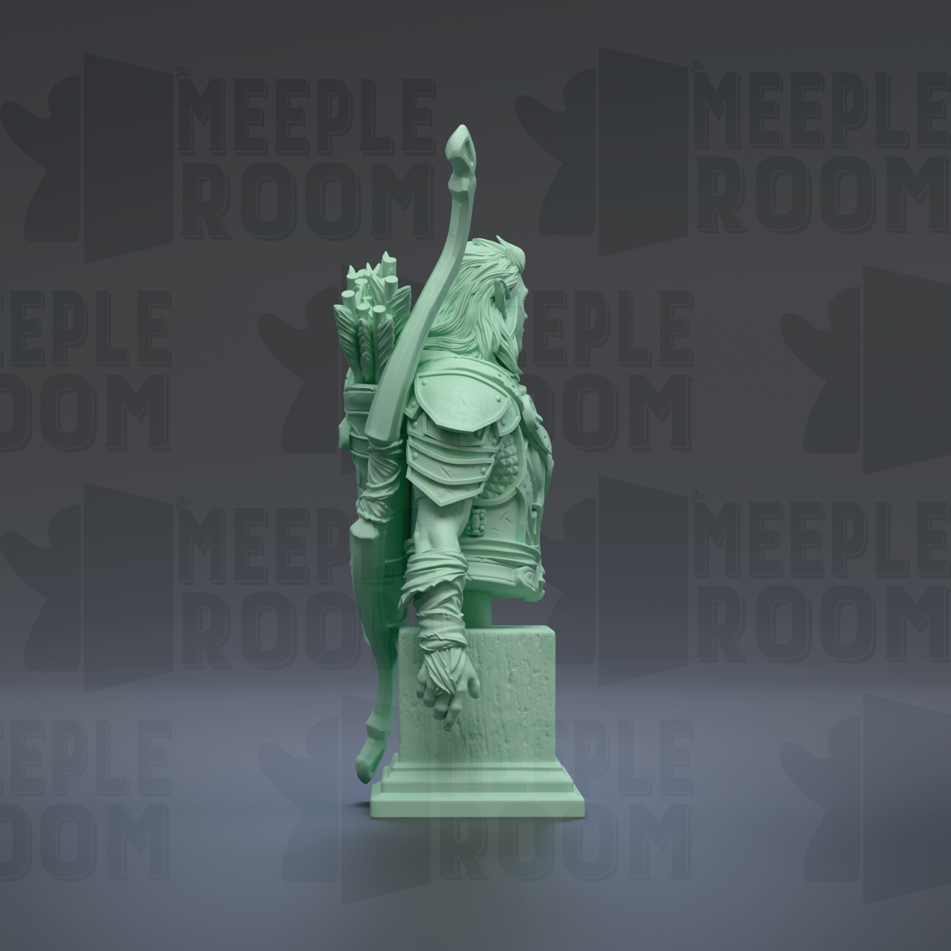 A green statue of a person standing on a pedestal against a dark background.