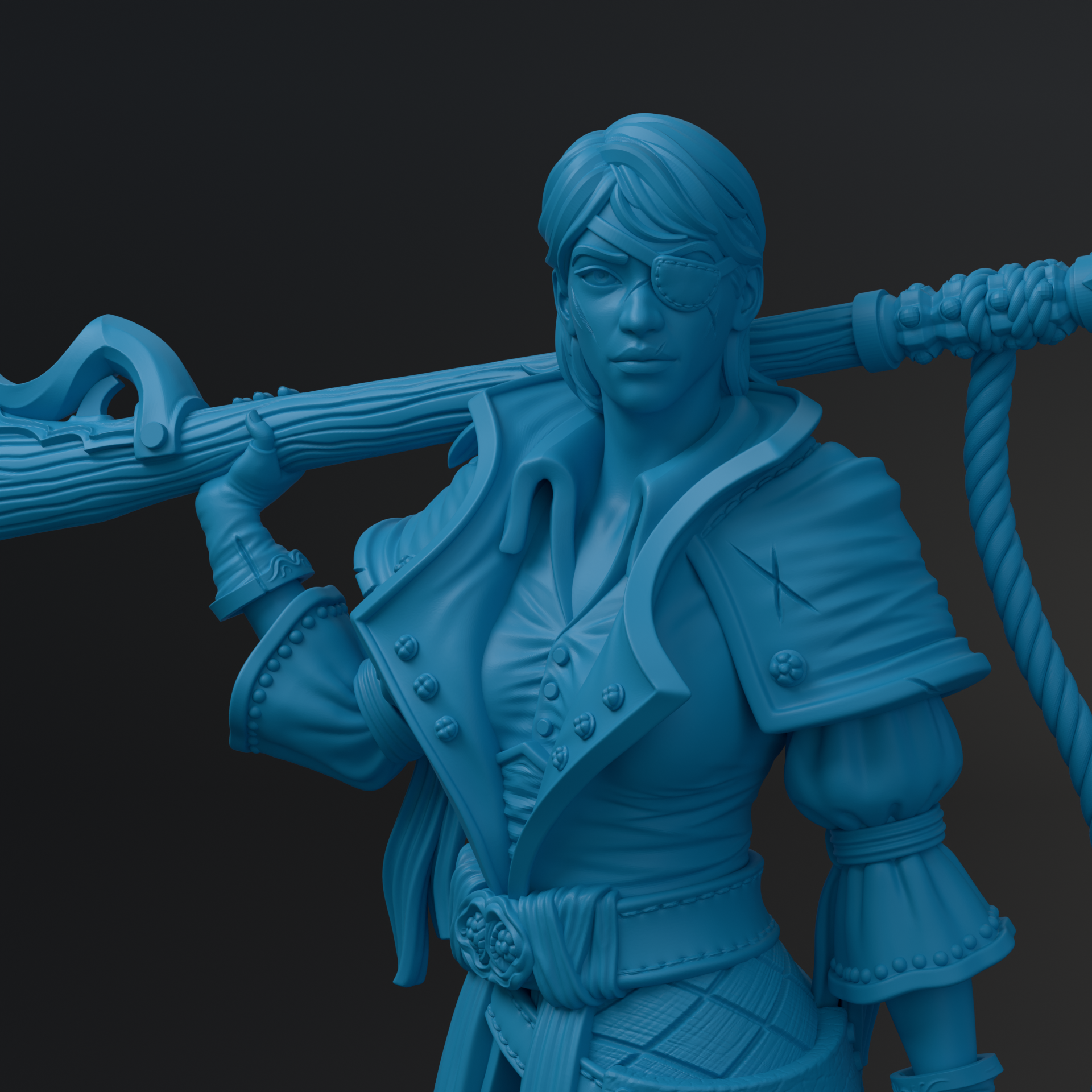A 3D rendering of a female character in a pirate-inspired outfit, holding a sword and shield.