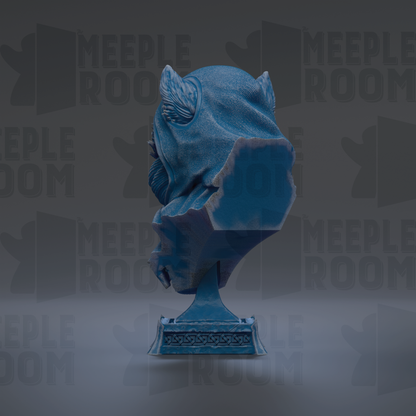A blue bust sculpture is displayed against a dark background with repeated text.