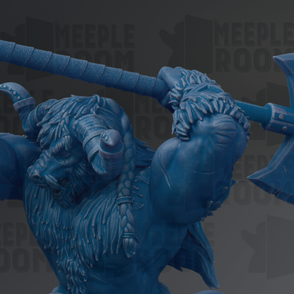 A close-up of a blue, sculpted monster with horns and a beard, holding a weapon.