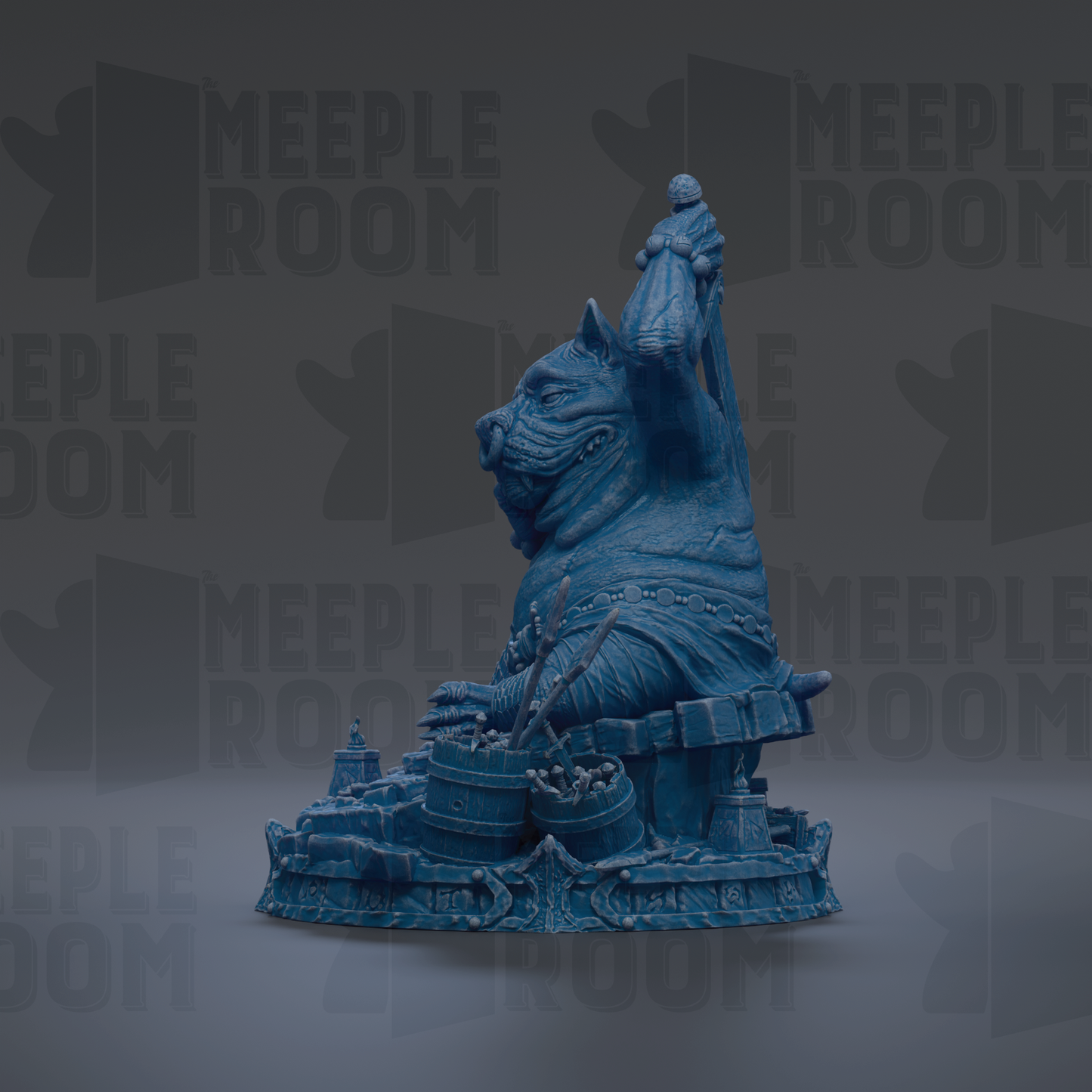 A blue statue of a cat sitting on a pedestal, with the word "MEIPLLE ROOM" repeated in the background.
