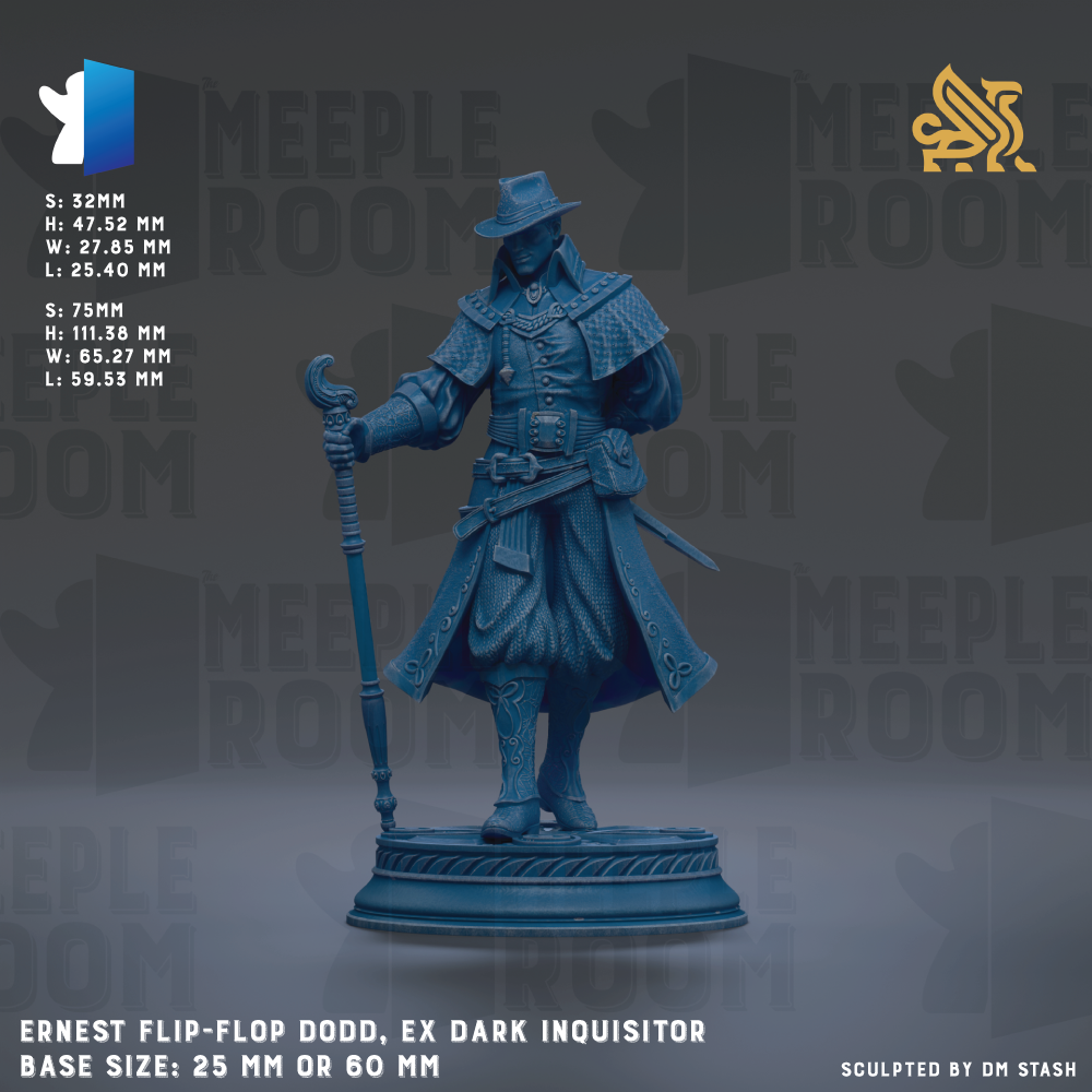 a figurine of a dark inquisitor, a character from the video game Meeple Room. The figurine is depicted in a dynamic pose, holding a staff and a staff-like object, suggesting a sense of power and authority. The figurine is set against a dark background, which contrasts with the figurine's blue color and enhances its visibility. The image is described as a "flip-flop Dodd" and is based on a 25mm or 60mm base size. The figurine is sculpted by DM Stash, and the image is a collage of multiple images.