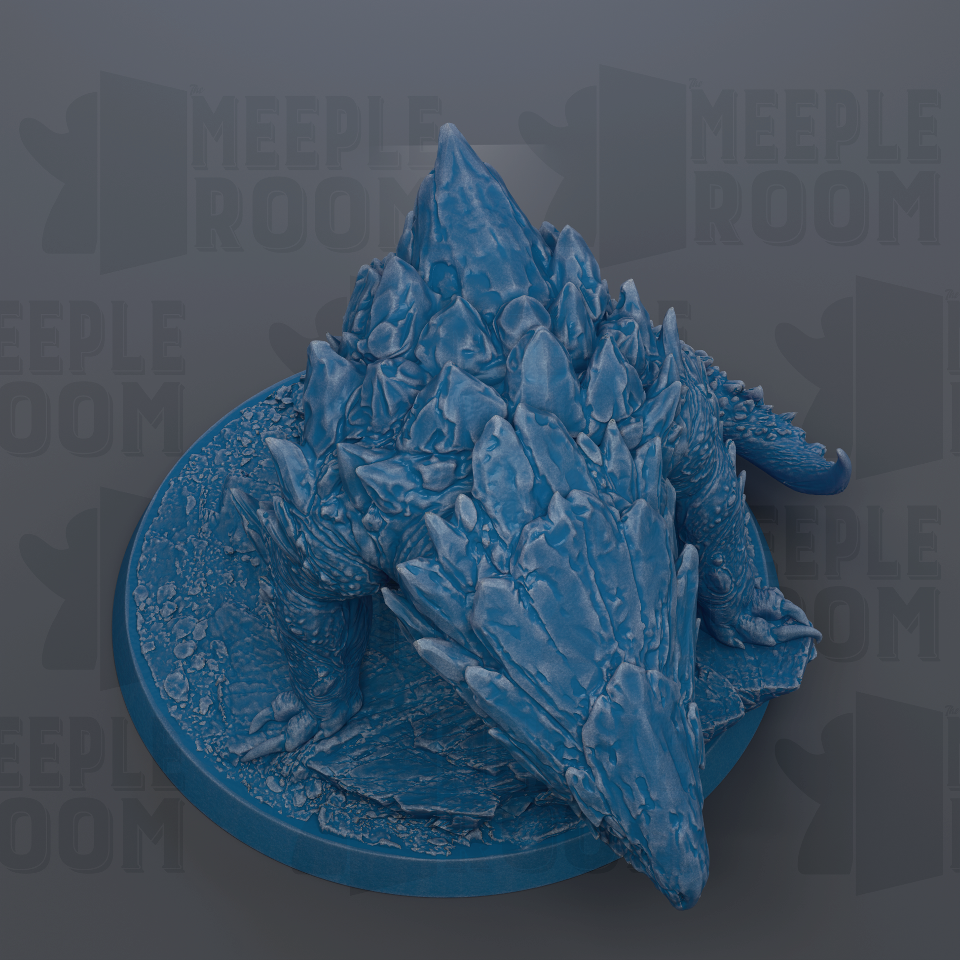 A 3D rendering of a blue, icy-looking creature with sharp, jagged features, sitting on a circular base.