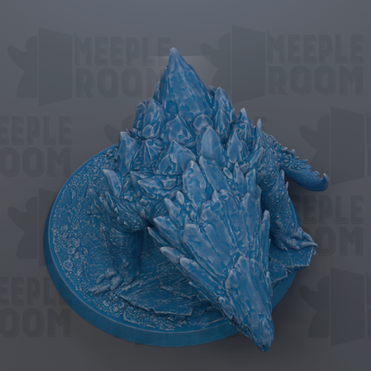 A 3D rendering of a blue, icy-looking creature with sharp, jagged features, sitting on a circular base.